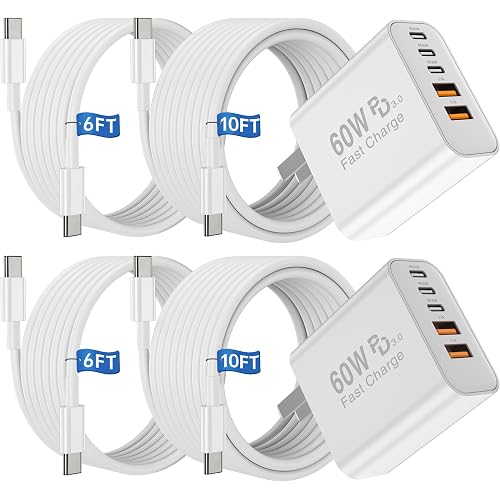 USB C Fast Charger Block, 60W 5-Port Type C Charging Block Plug and 6ft 10ft Long USB C Cable for Apple iPhone 17 Pro Max/17 Air/16 Pro/15 Plus/iPad mini Air/Samsung S26 Wall Power Adapter Cube Brick