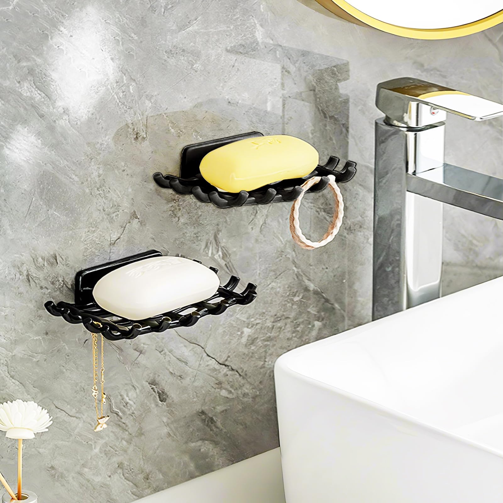 Lot De 2 Porte-Savon Mural Noir - Support Savon Douche Sans Perçage Avec Crochets