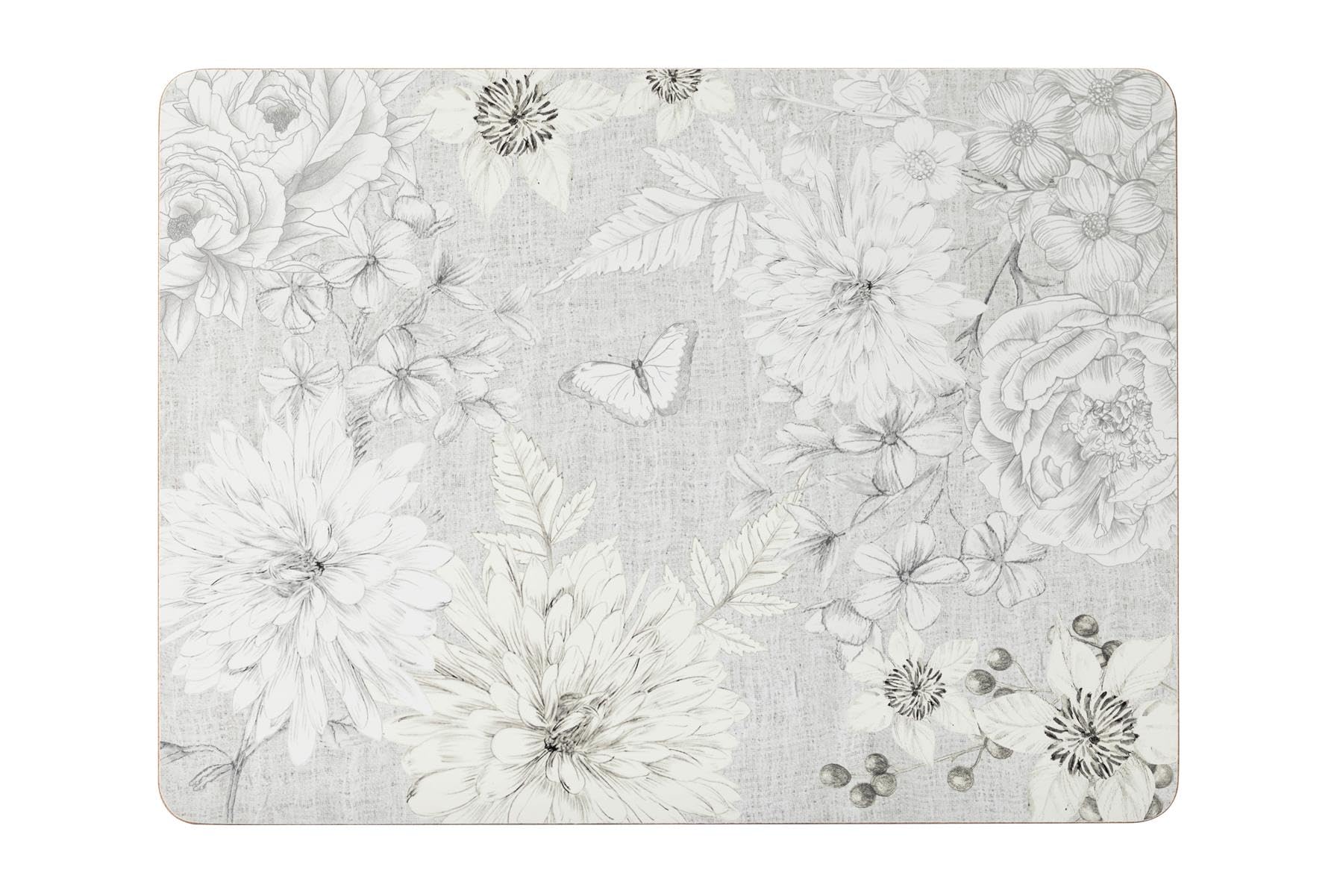 Maison & White Multicolor Cork Backed Placemats With Floral Butterfly Design, Grey And White, Set Of 4