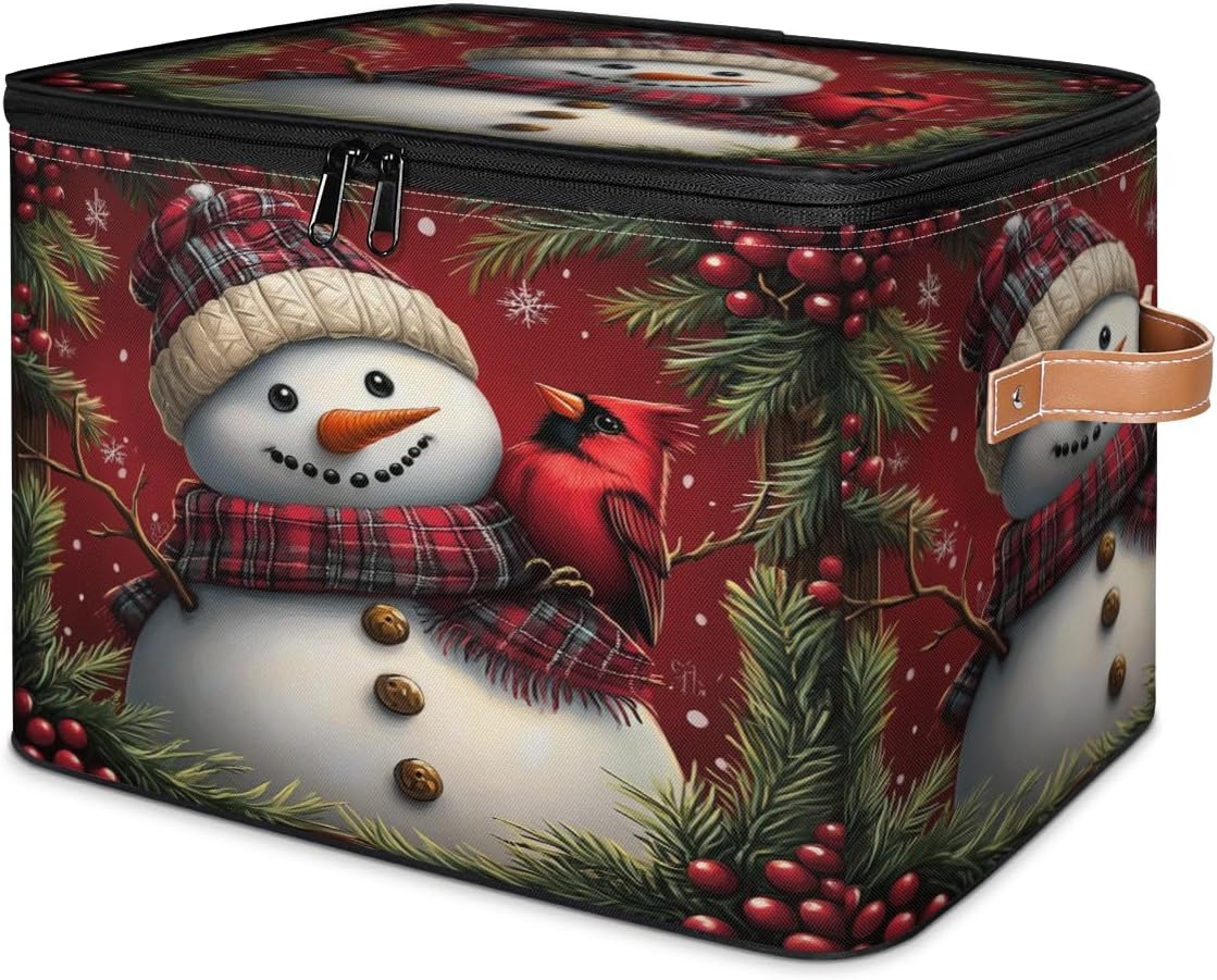 Storage Bin Set of 2 Cute Snowman Cardinal Bird Storage Basket with Zipper Lid & Handle Foldable Closet Shelf 2 Pack Cloth Organizer Basket Cube Bins for Bedroom, Nursery
