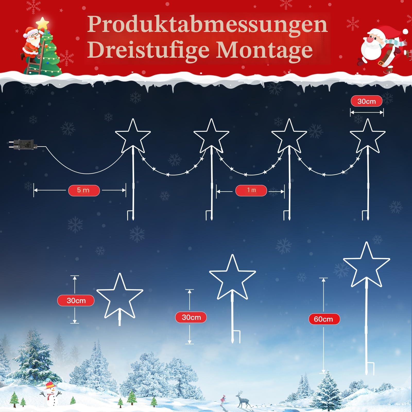 Quntis 4Pack Gartenstecker Stern IP65 Wasserdicht | Weihnachtsbeleuchtung 8 Modi und Timer Funktion Lichterkette für Außen