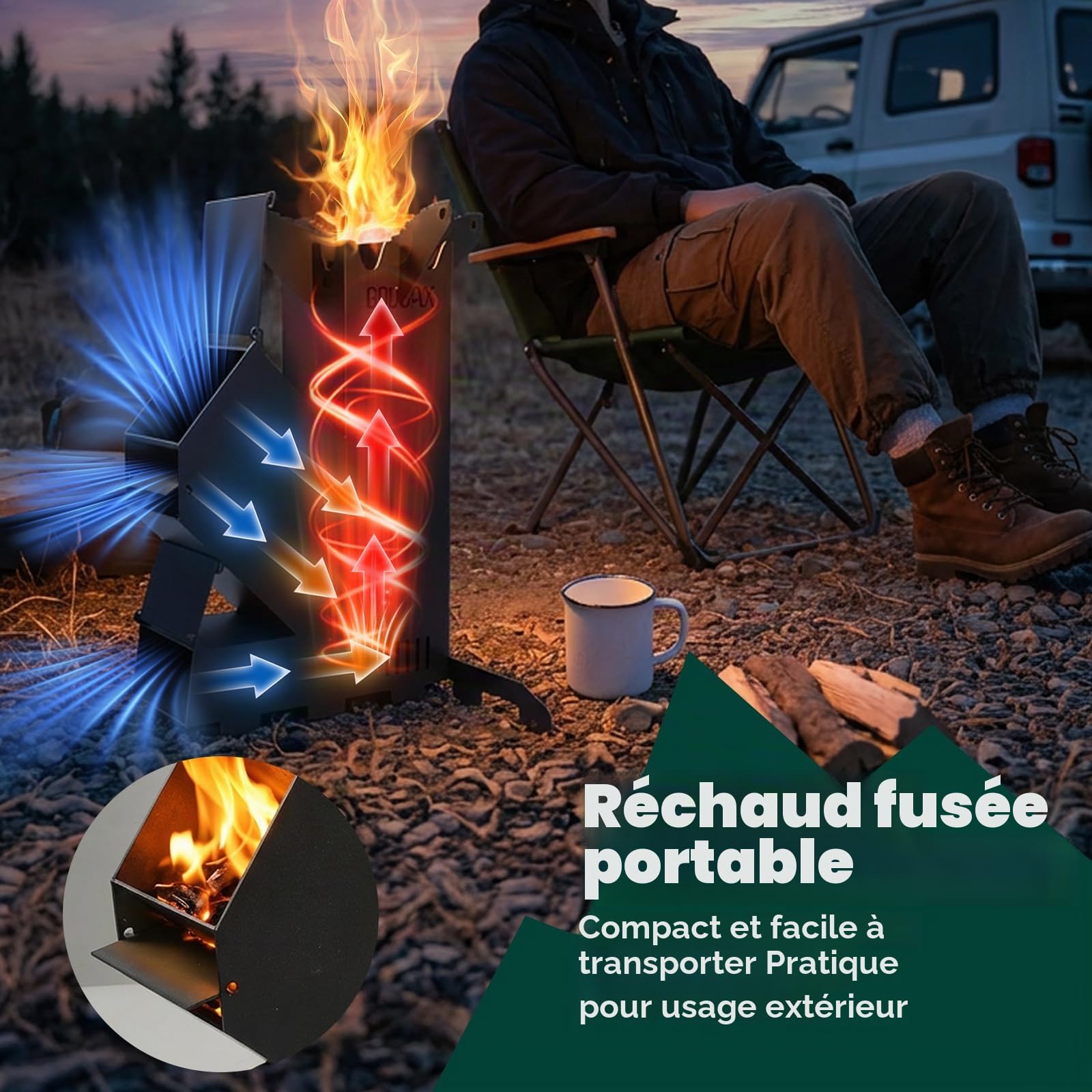 Poêle à Bois Rocket StarBlue – Mini, Portable, Acier Q235 1,8mm, Charge 50kg, Sac De Transport Inclus, Idéal Camping