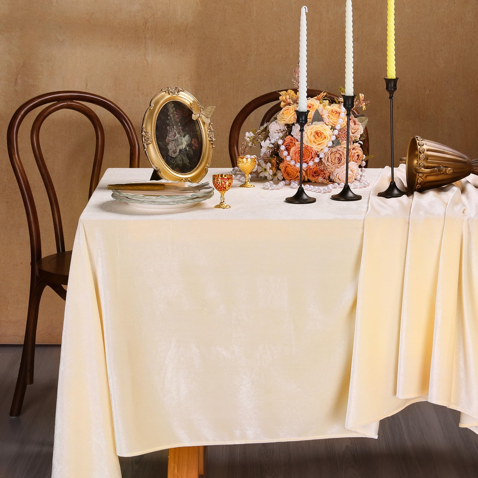 Photo 1 of SoarDream Beige Velvet Tablecloth 60"x102" Luxurious Solid Rectangle Table Cloth for Party Wedding Baby Shower Kitchen Dinning Tabletop Decoration