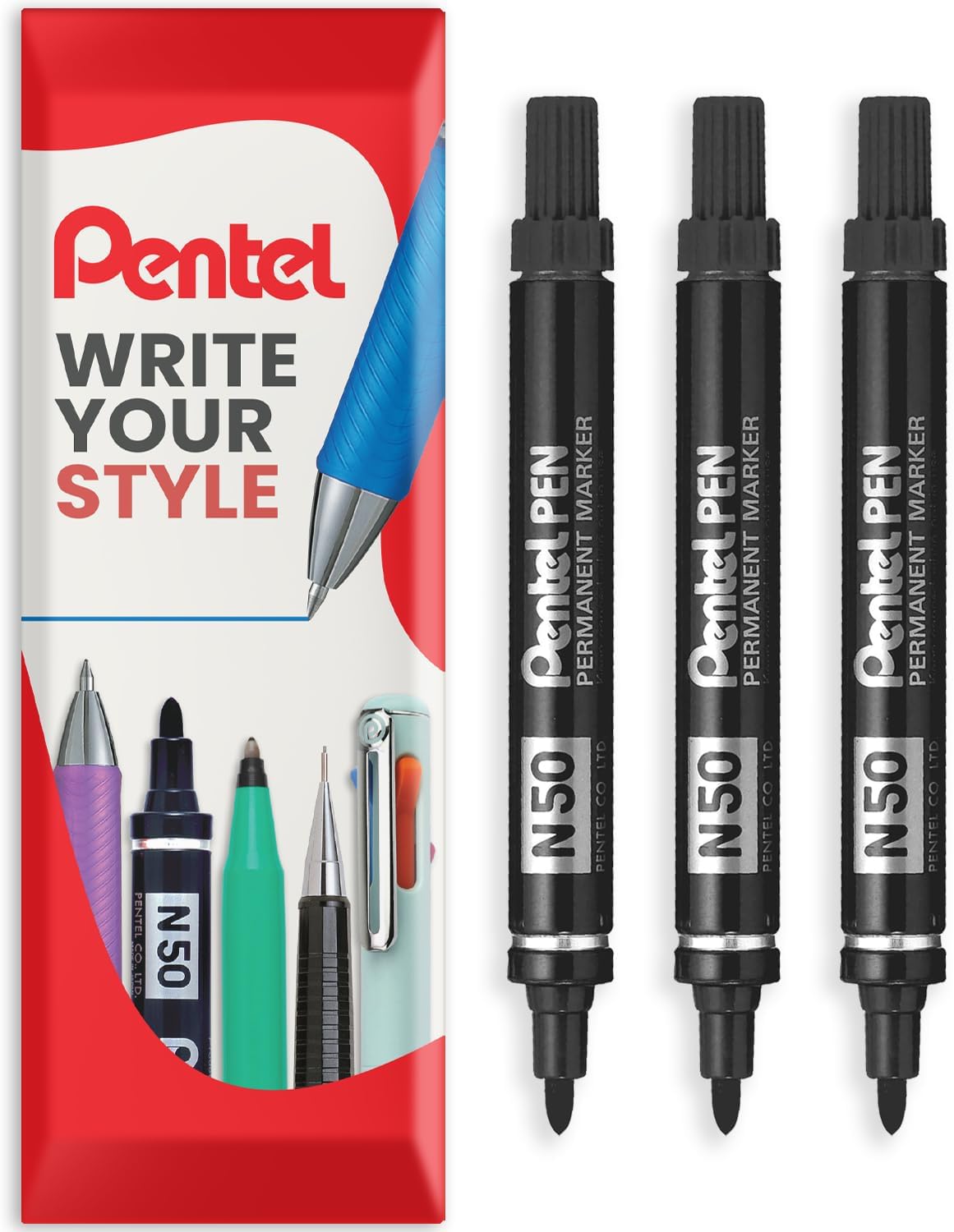 Pentel N50 Fine Permanent Marker - 4.3mm Bullet Tip - Multi Surface Use - Cardboard, Metal, Wood, Plastic & Glass Marker Pens - In Pillow Packaging - Black, Pack of 3