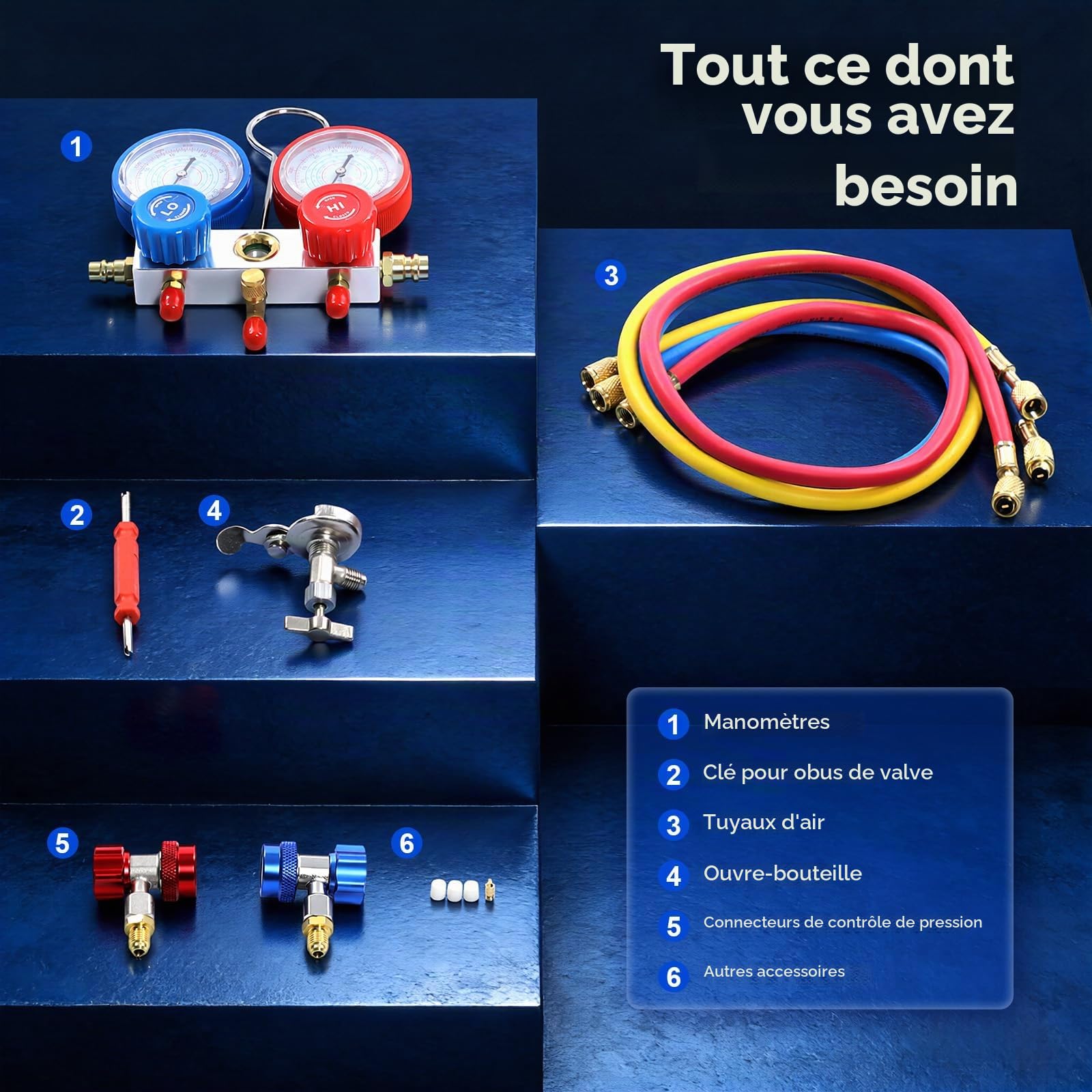 Kit de montage pour climatisation,Kit De Recharge De Réfrigérant Pour Voiture,avec Manomètre Haute Basse Pression,Clé pour obus de soupape,Pour Gaz Réfrigérant Maintenance Entretien Saisonnier Atelier
