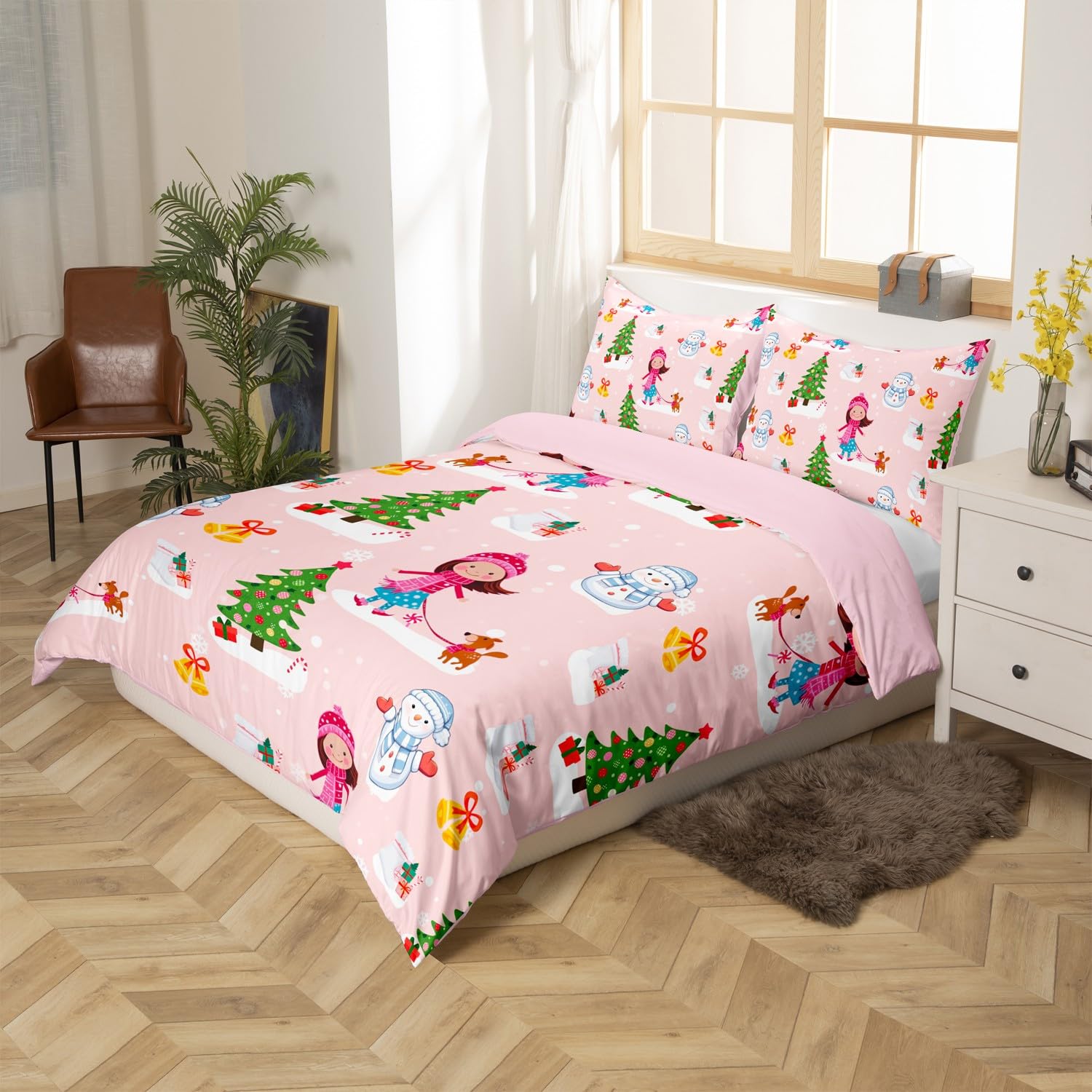 Homemissing Christmas Tree Duvet Cover Set Cot Size For Kids Adults Girls Teens Xmas Snowman Dog Bedding Set Merry Christmas Duvet Cover with 1 Pillowcase Xmas Theme Bed Sets - Image 2
