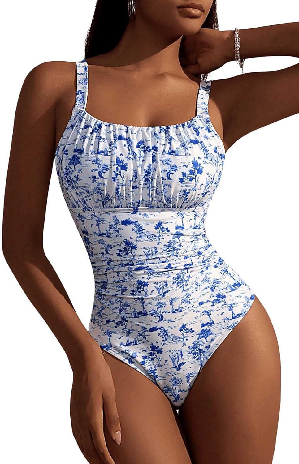 Women's Boho Floral Print One Piece Swimsuit Y2K Bathing Suits Swimwear Beachwear X-Large Blue and White