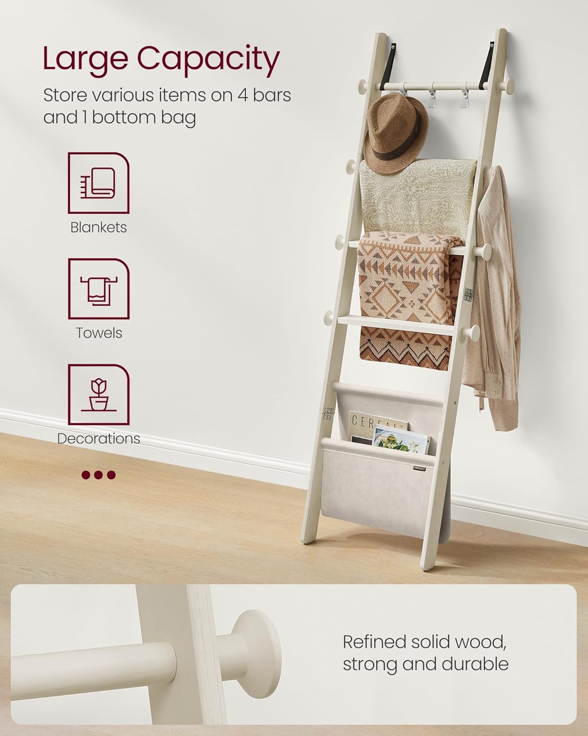 Diagram showing detailed dimensions of the VASAGLE blanket ladder, including height, width, depth, and spacing between rungs.