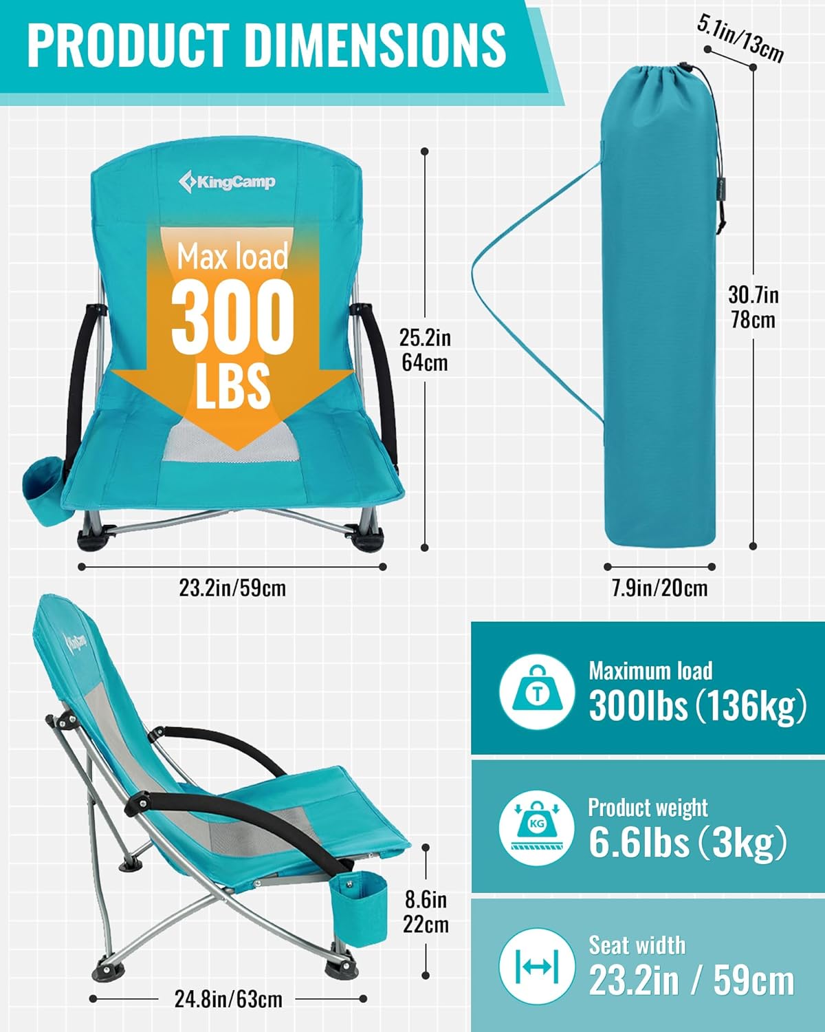 KingCamp Low Beach Chairs, Folding Portable Chair for Adults Lightweight Extra Wide Seat 300lbs Heavy Duty Oversized Backpack, Carry Bag for Camping - Image 3