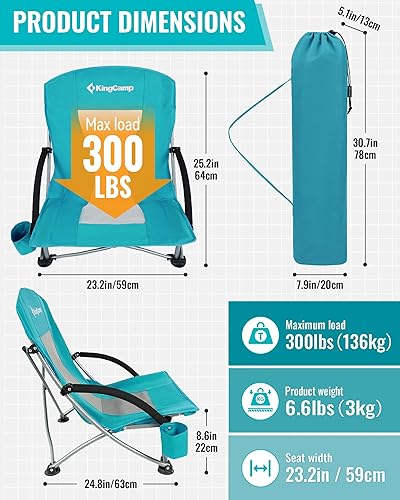 Miniatura 9 de KingCamp Low Beach Chairs, Portable Folding Chair for Adults Extra Wide Ergonomic High Back Seat 300lbs Heavy Duty Lightweight Oversized Gear with