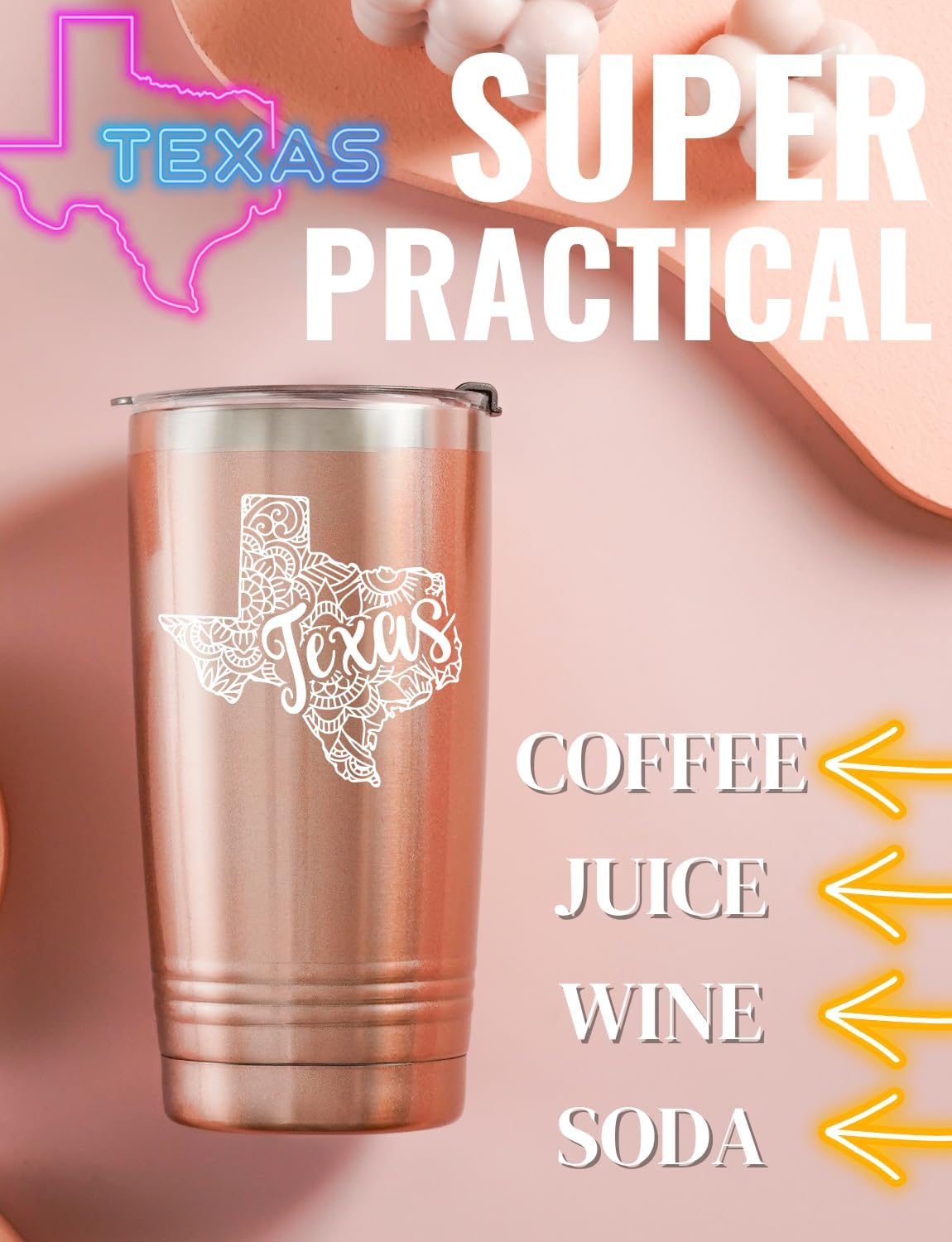 Onebttl Texas Gifts for Men Women, Texas Souvenirs Travel Homesick Gift, 20oz Stainless Steel Tumbler with Lid Straw, Perfect for Christmas - Rose Gold Mandala - Image 3