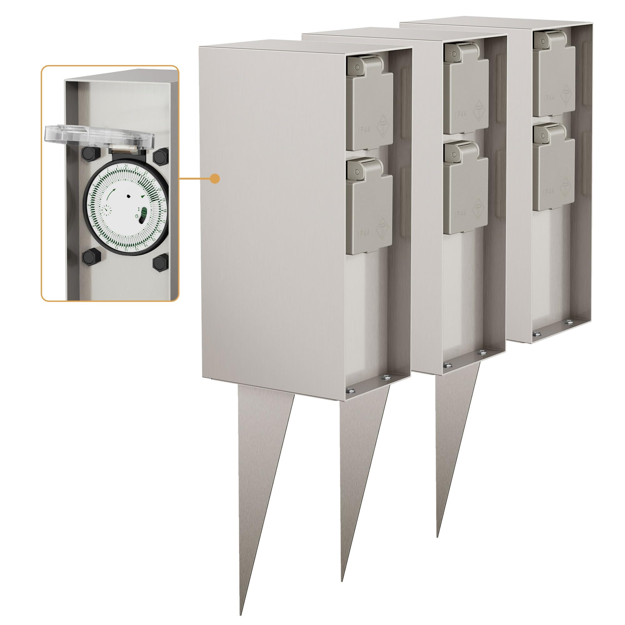 ledscom.de 3X Toma de jardín Pilar POMI con piqueta de Tierra para Exteriores, IP44, Temporizador/Reloj, 2 vías, Acero Inoxidable, Cuadrada, 23cm