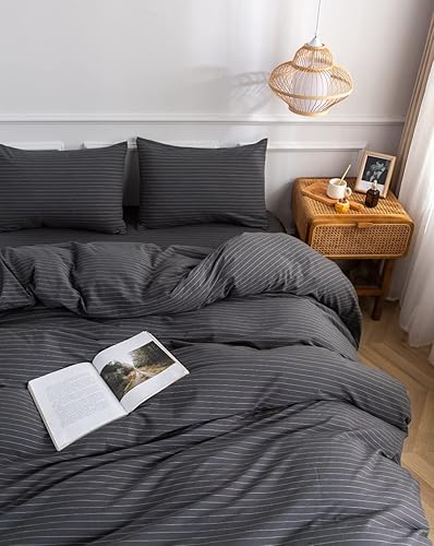 Miniatura 5 de Juego de funda de edredón de 100% algodón lavado, 2 piezas, transpirable, suave, con textura de lino, funda de edredón con patrón de cuadrícula