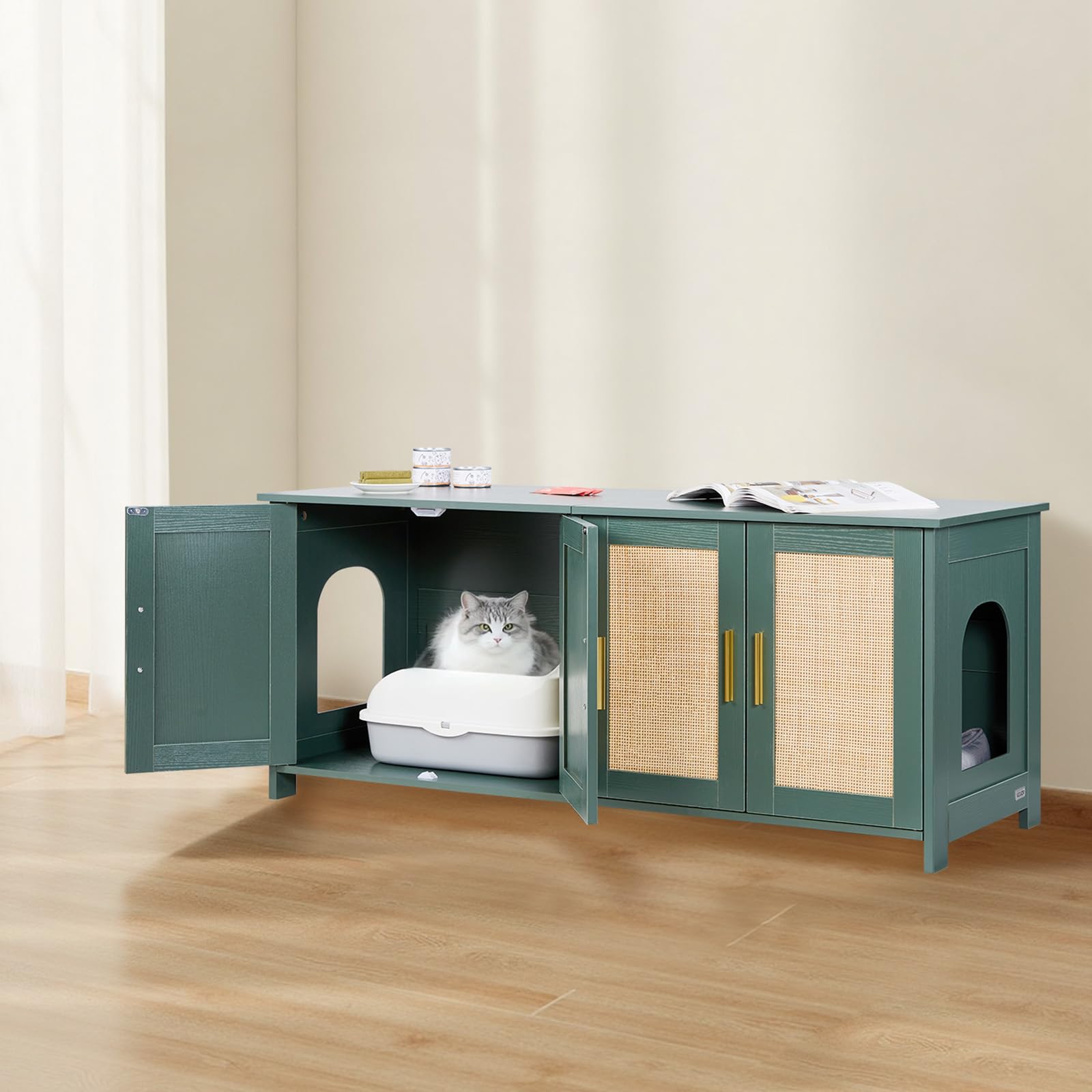 VEVOR Katzenschrank, 1200x450x500 mm, Katzentoilette mit 4 Rattantüren & 2 Eingängen, Katzenklo Schrank für den Innenbereich, Katzenhaus passend für die meisten Katzentoiletten, grün