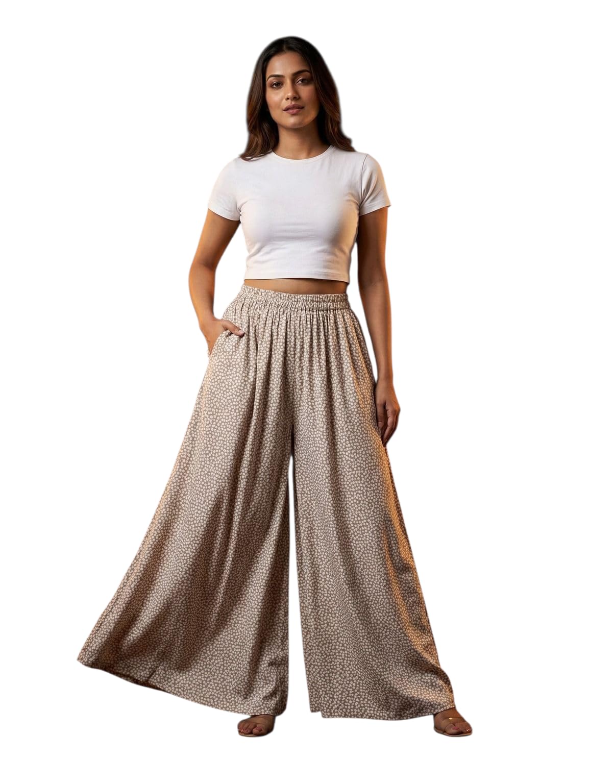 Women Brown Flared Viscose Rayon Printed Loose-fit Full Length Palazzo Pants Loose/Relaxed Fit Regular, Casual Wear Ethnic Bottoms(Trousers) Wide Leg Full Length | XXL Size-image-3