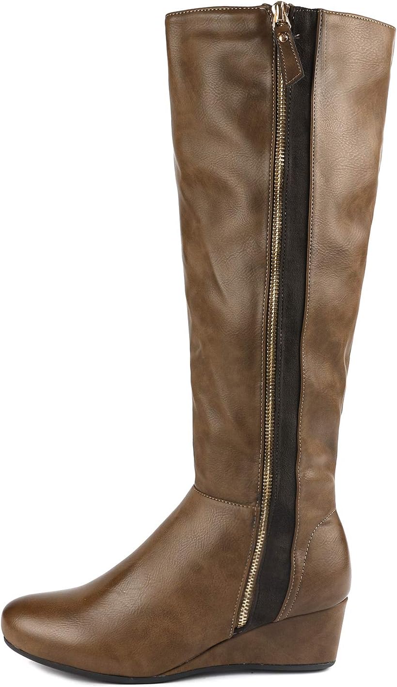 DREAM PAIRS Women's Consta Khaki Brown Low Wedge Knee High Winter Boots Size 5 M US