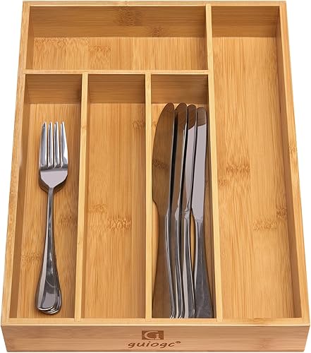 Miniatura 3 de Organizador de cajones de bambú para cocina, organizador de cubiertos y bandeja de cubiertos con separadores de cajones ranurados para cubiertos,