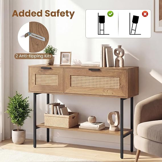 COSTWAY Rattan Console Table, Boho Slim Entryway Table with Flip Doors, Storage Compartments & Open Shelf, 100cm Metal Frame Narrow Behind Couch Sofa Tables for Hallway, Foyer, Living Room (Natural)