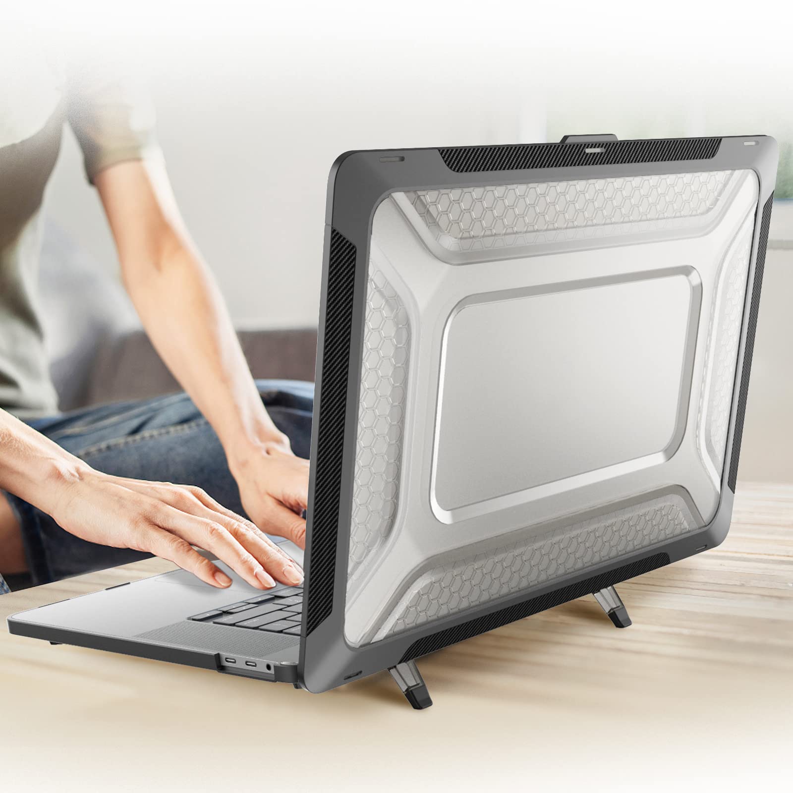 UESWILL Custodia pieghevole con cavalletto per MacBook Pro 16" (2019/2020) modello A2141 con Touch Bar e USB-C, protezione completa a nido d'ape, copertura resistente, nera