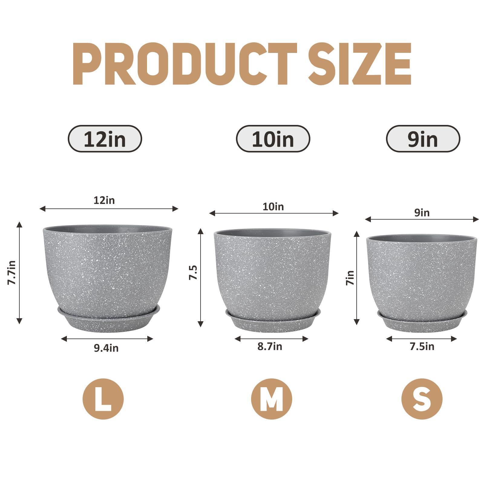 YNNICO Set di 3 vasi per piante da 30 cm, 25 cm, 22 cm, 22 cm, vasi da fiori con fori di drenaggio multirete, grandi fioriere per piante e fiori da giardino per interni ed esterni (grigio)