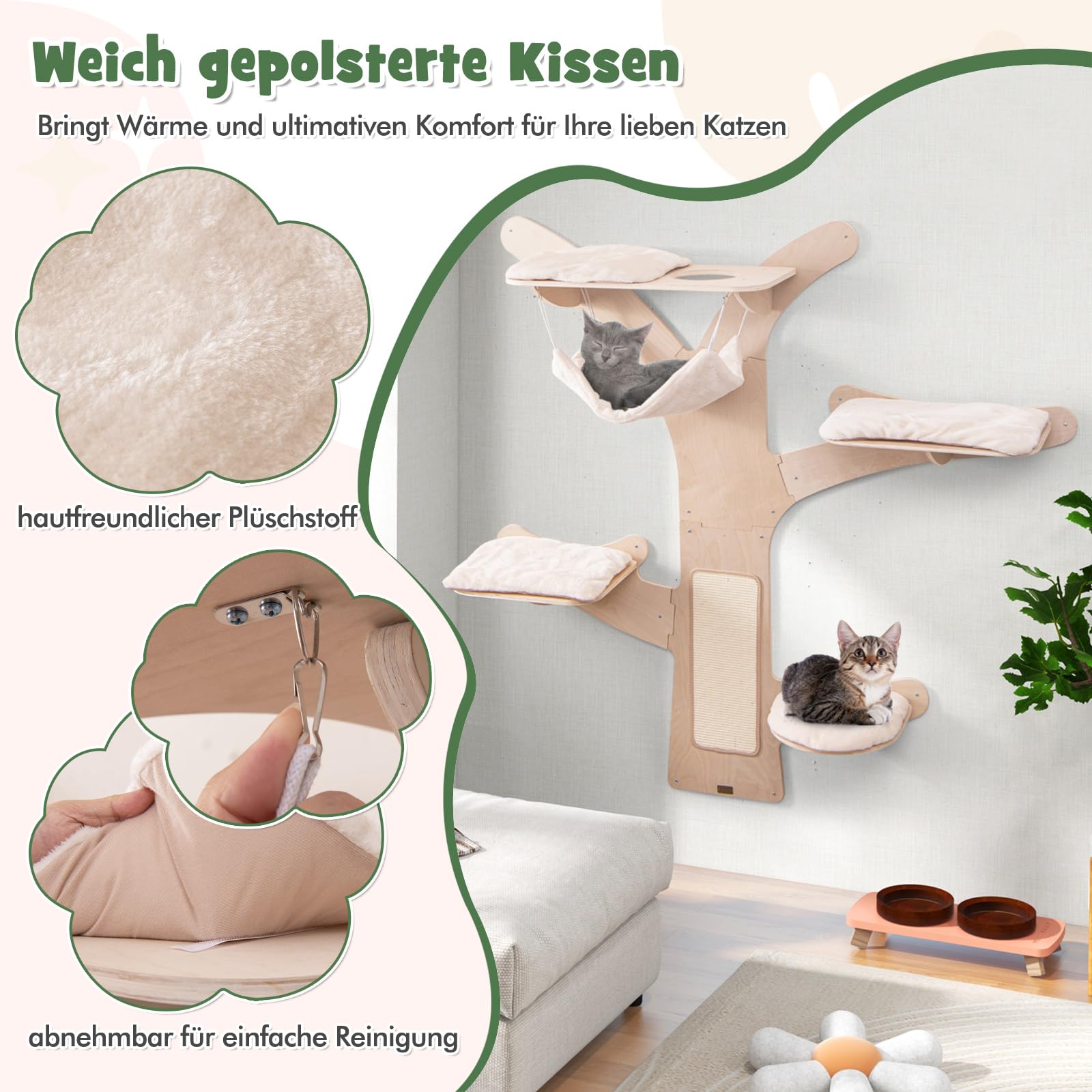 GYMAX Kletterwand Katzen, Katzenwand mit Hängematte, 4 Plattformen & Sisalpfosten, Kratzbaum mit weichen & waschbaren Kissen, baumförmige Katzenmöbel Wandmontage für Hauskatzen