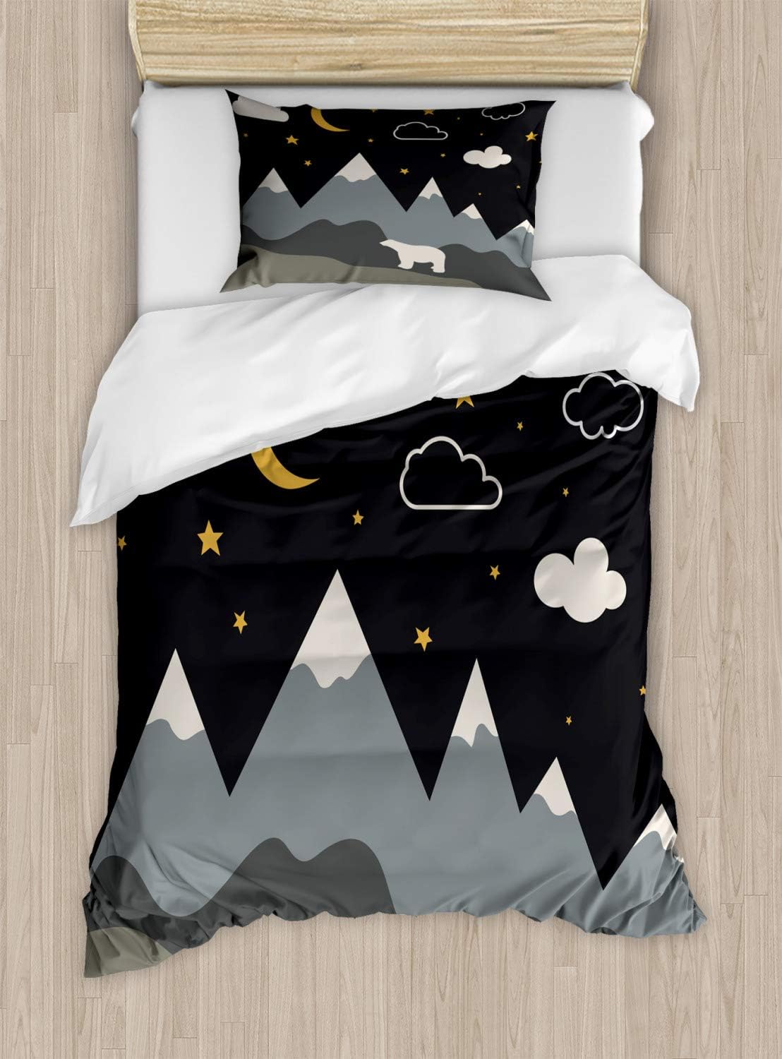 Lunarable Landscape Duvet Cover Set, Illustration of Mountain Range and a Bear Under Starry Night, Decorative 2 Piece Bedding Set with 1 Pillow Sham, Twin Size, Charcoal Grey
