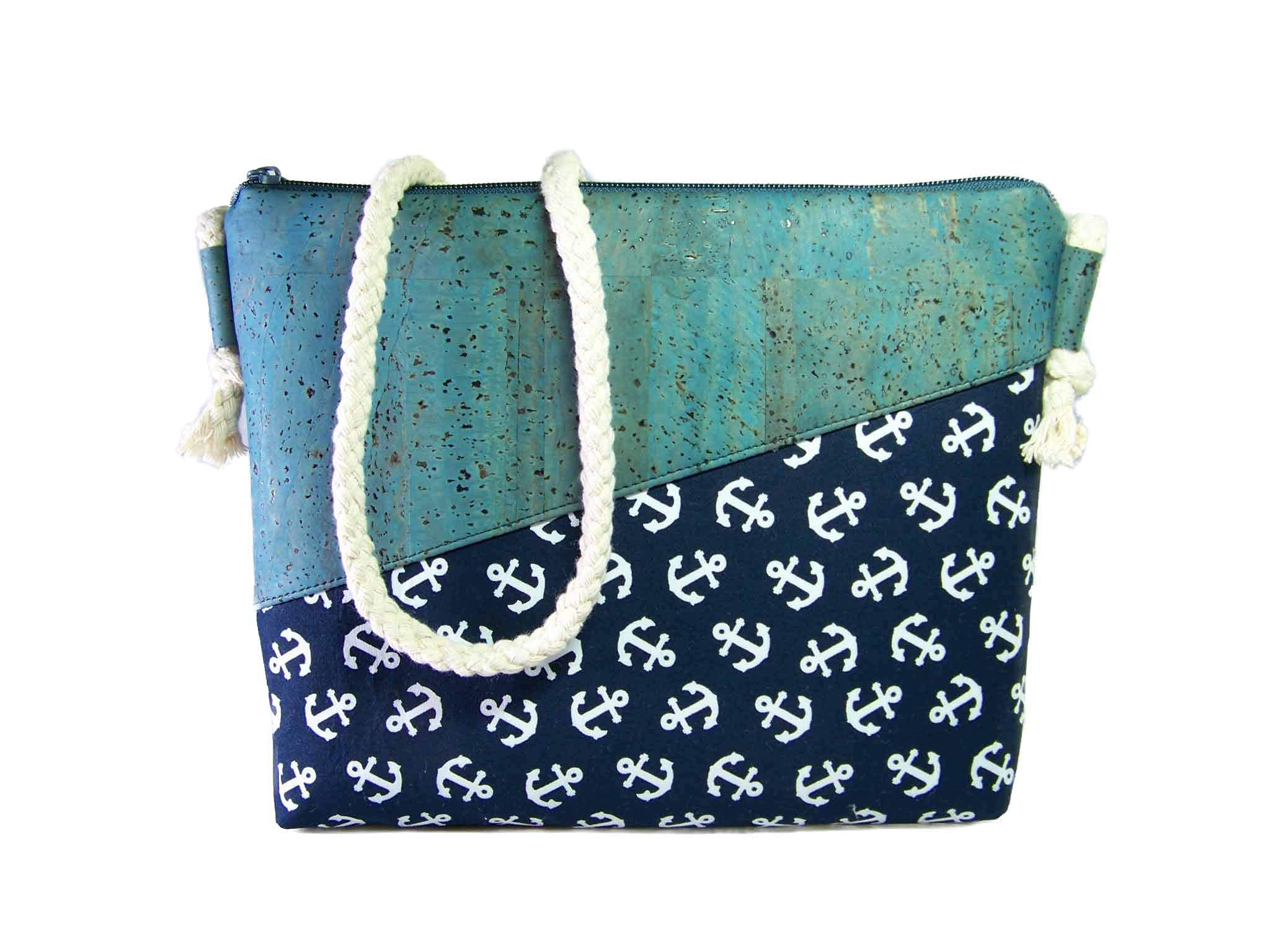 Handmade Korktasche mit Anker Stoff + Kork Schultertasche Umhängetasche Damen Tasche Handtasche, nachhaltig vegan und fair