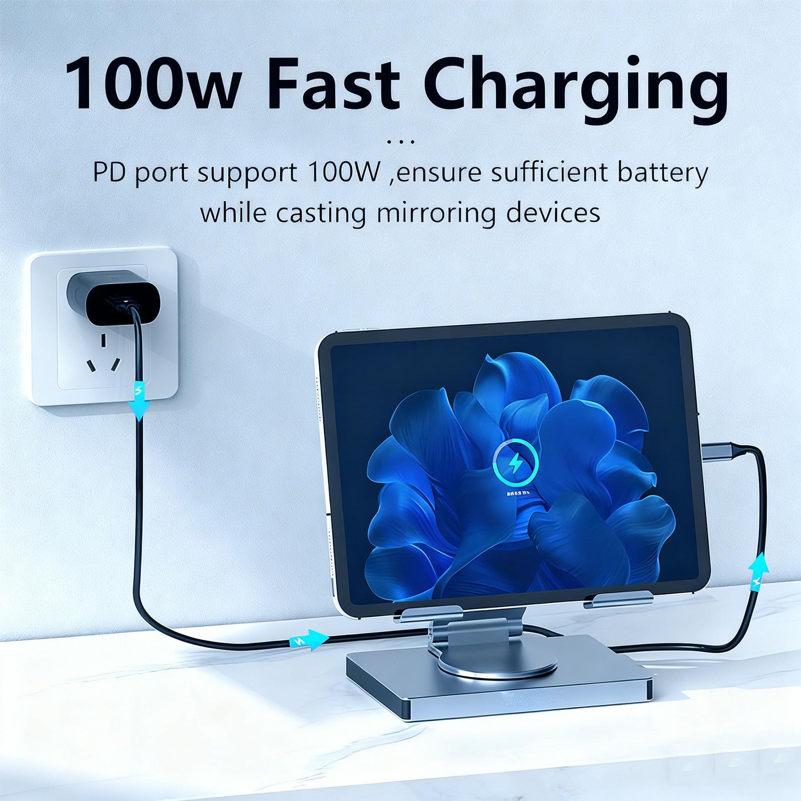 Tosuny Base para Portátil, Concentrador USB-C 7 en 1 con Carga PD de 100 W, HDMI 4K y Soporte Ergonómico Ajustable con Rotación de 360° para Oficina en Casa y Organización de