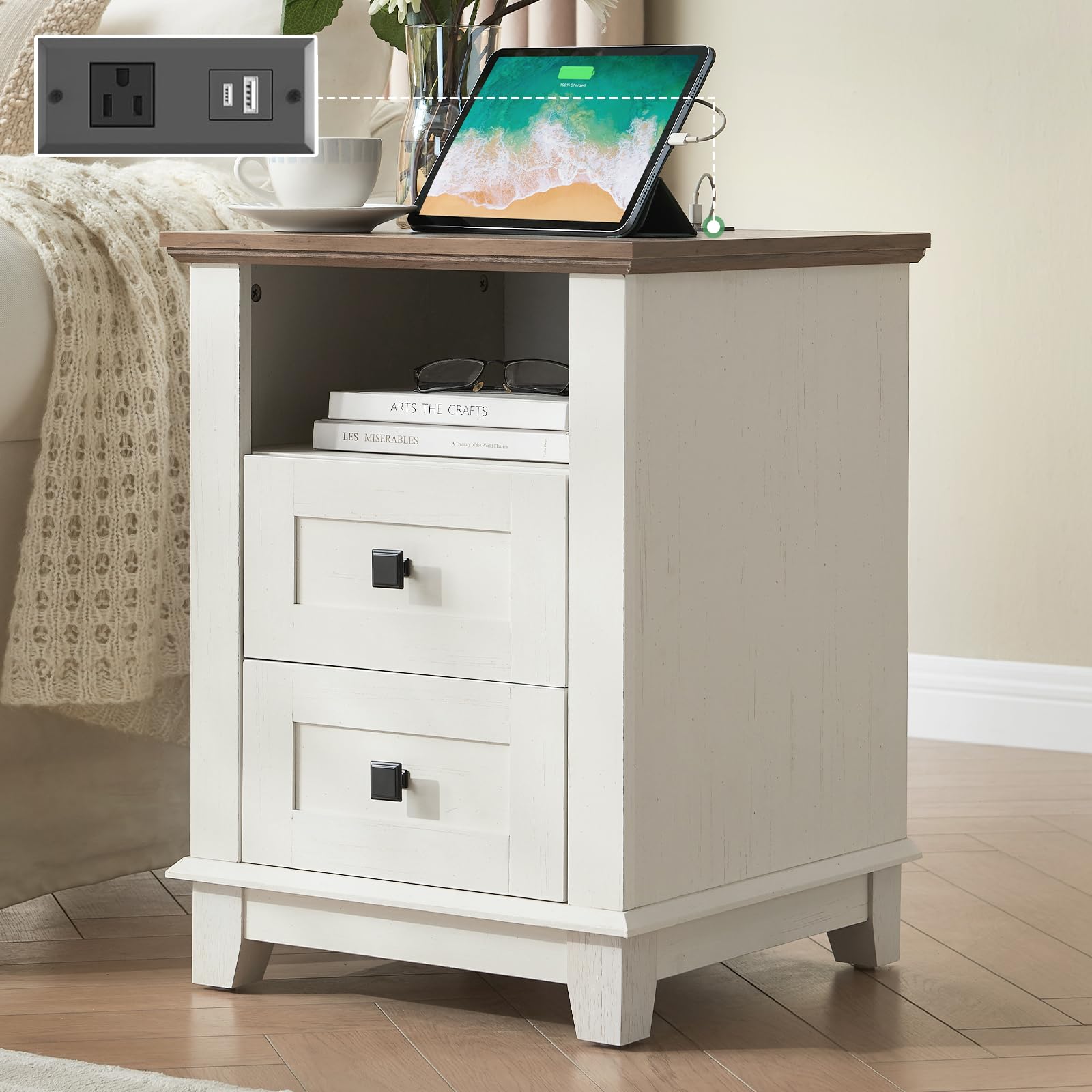 AMERLIFE 18" Farmhouse End Table, Nightstand with Charging Station, with 2 Storage Drawers, Bedside Table with USB Ports, Rustic White