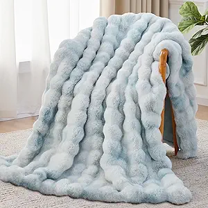 Faux Fur Throw Blanket, 1000GSM Fluffy Soft Bubble Blanket for Couch Bed, Cozy Plush Warm and Thick Rabbit Blanket for Living Room Bedroom 60''*80'' Tie-dye Blue