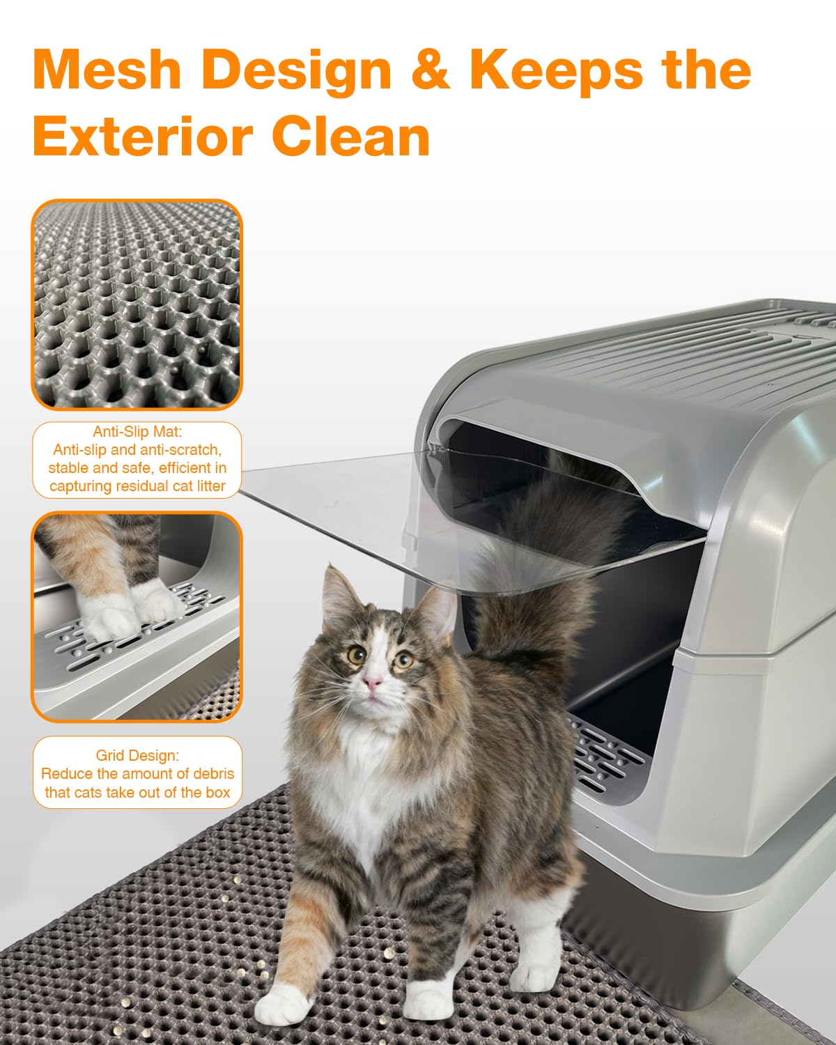 PETUX 2-Pack Stainless Steel Litter Box with Lid - High Sided, Odor-Proof, Anti-Leakage, Non-Stick, Easy to Clean and Extra Large Enclosed Litter Box with Scoop and Non-Slip Mat for Multi-Cats - Grey - image 5
