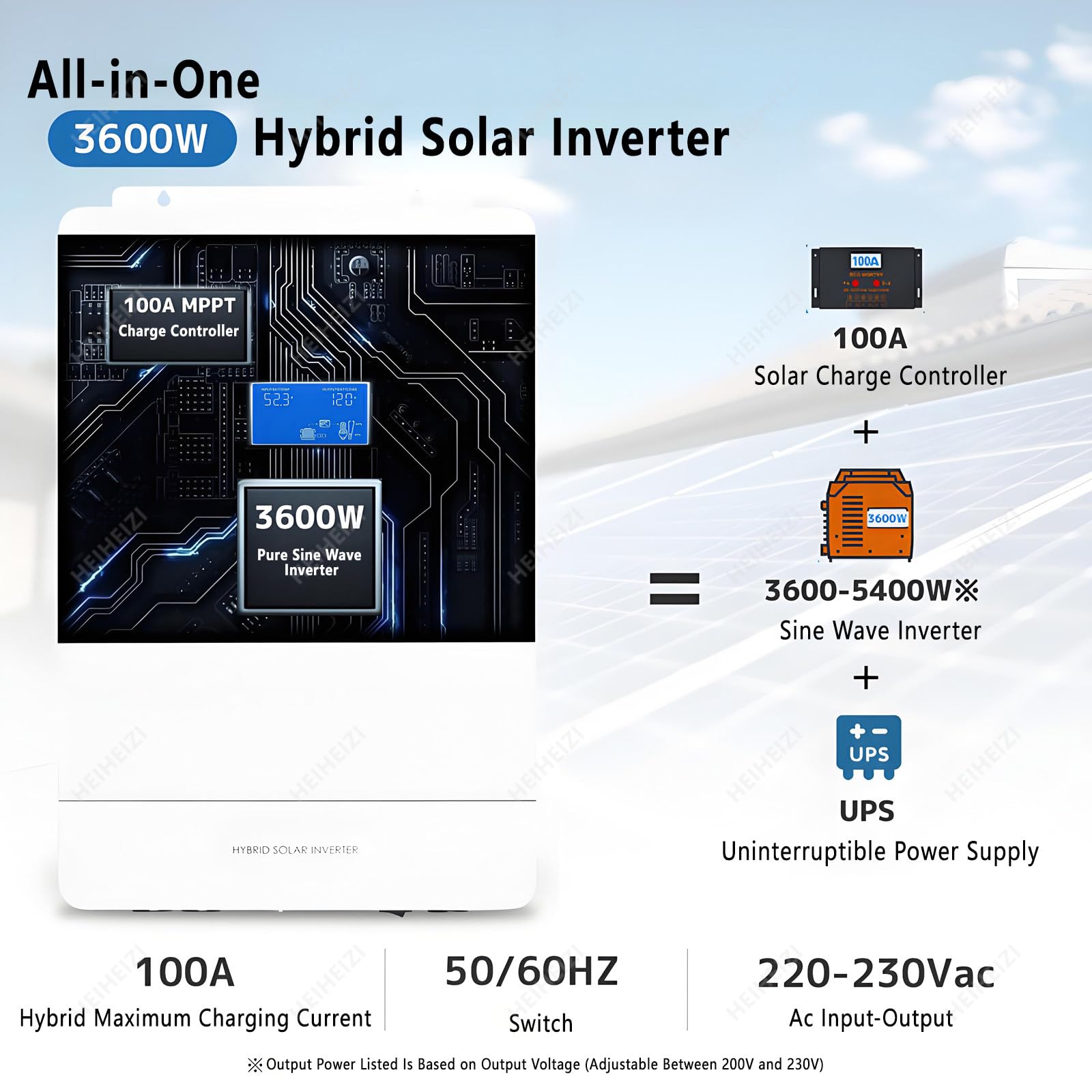 Inverter Ibrido di Nuova Generazione,Inverter Solare 3600W,24VDC a 220VAC,Potenza PV Massima 5000W in Ingresso,con Regolatore di Carica Solare MPPT 100A,Funzione UPS a Commutazione Automatica