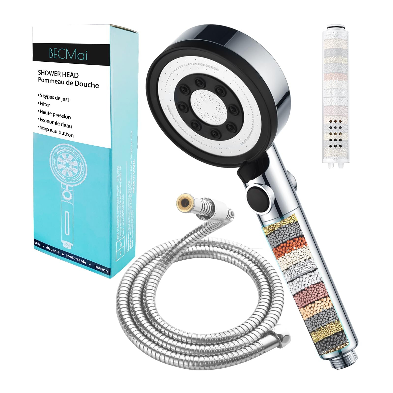 Pommeau De Douche Haute Pression Anti-calcaire Avec Filtre - 4 Modes De Jets, économie D'eau, Tuyau Inclus
