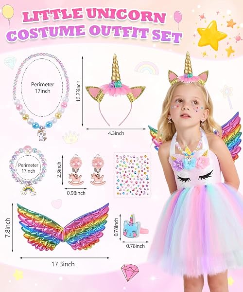 TOLOYE Disfraz Princesa,Vestido Tul Unicornio Infantil con Venda y Collar Set,Disfraz Unicornio Niña para Cumpleaños Fiesta Halloween Navidad Carnaval Cosplay - 4