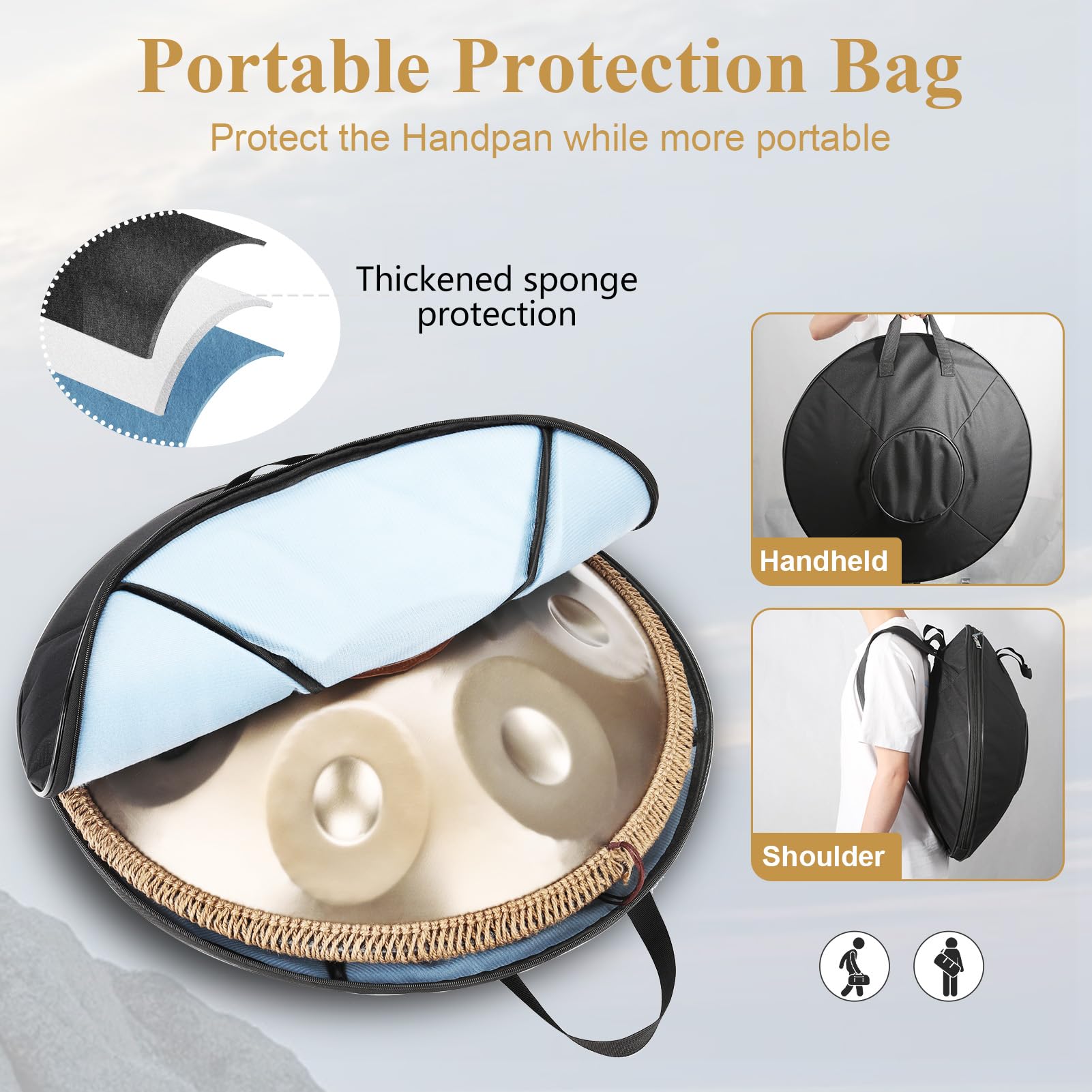 12 Töne Handpan Instrument, 22 Zoll Gold Hand Pan Drum Steel Tongue Drum Zungentrommel für Yoga, Meditation mit Handtaschen Trommelstöcken, Trommelständer, Lappen (440HZ)