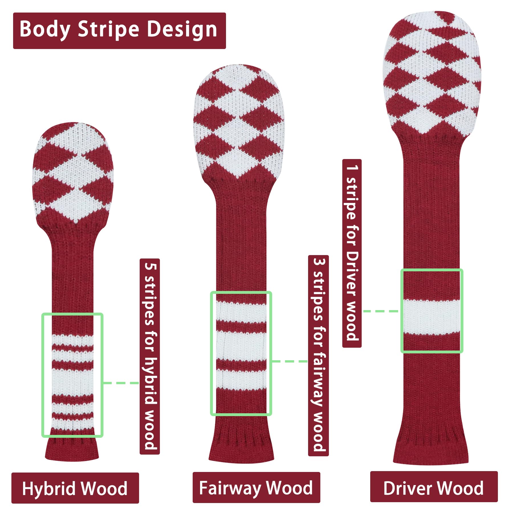 LeFeng 3Pcs Golf Club Covers, Knitted Golf Club Covers for 460cc Driver Fairway Woods and Hybrid Without Pom Pom(Red White Plaid)
