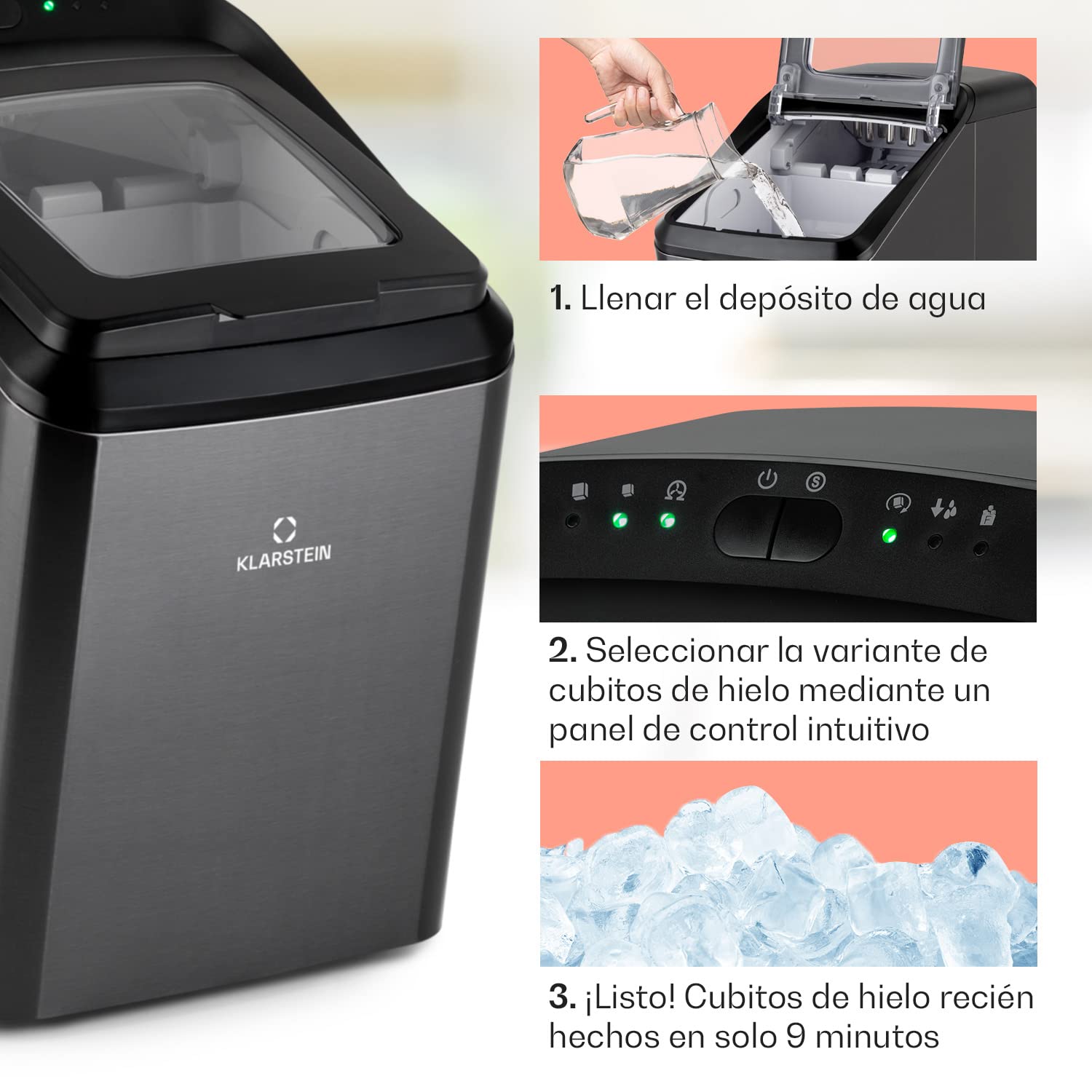 Klarstein Partytime - Máquina de cubitos de hielos, Potencia 145 W, Tanque de agua 2,9 L, Volumen producción 15 kg/24h, 9 cubitos por ciclo, 2 tamaños, Función autolimpieza, Acero, Negro