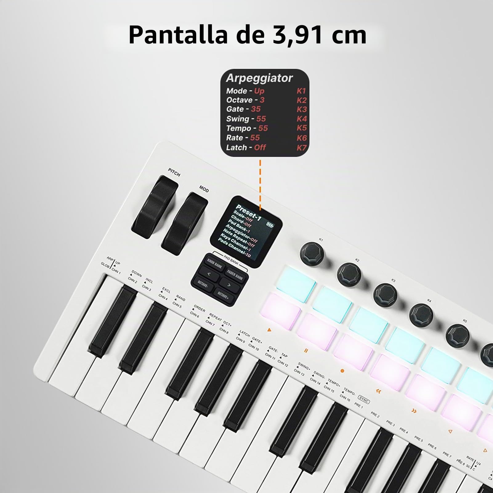 Btuty 37 Keys MIDI Keyboard Música Controlador de Producción de Música MIDI con 16 RGB TOMPLES 8 BOTONES 4 Reguladores Syntesizador Incorporado para Producción Musical en Camino