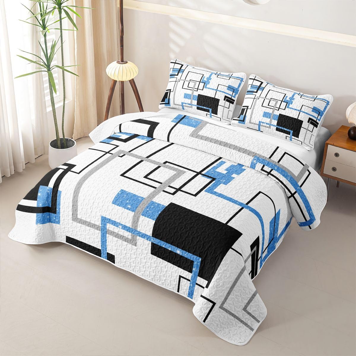 jejeloiu Blue Black Quilt Bedspread for Kids Boys Girls Glitter Geometric Bedding Full Size Stripes Lightweight Bed Cover Modern Abstract Quilted Coverlet Set