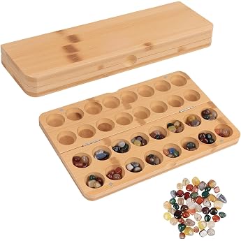 Portable Stone Game Kalaha Game - 29.5 x 9.5 x 3 cm Foldable Wooden Gemstone Game with 65 Stones Double Game Puzzle Games Gemstones Strategy Games for Travel Parties School Activities