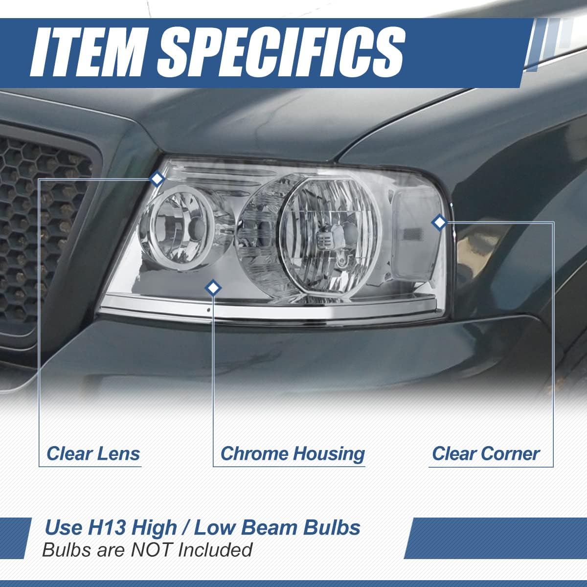 Auto Dynasty Headlights Assembly Compatible with 2004-2008 F-150 Lincoln Mark LT, Driver and Passenger Side Halogen Headlamps Replacement, FO2502201 FO2503201, Chrome Housing Clear Corner