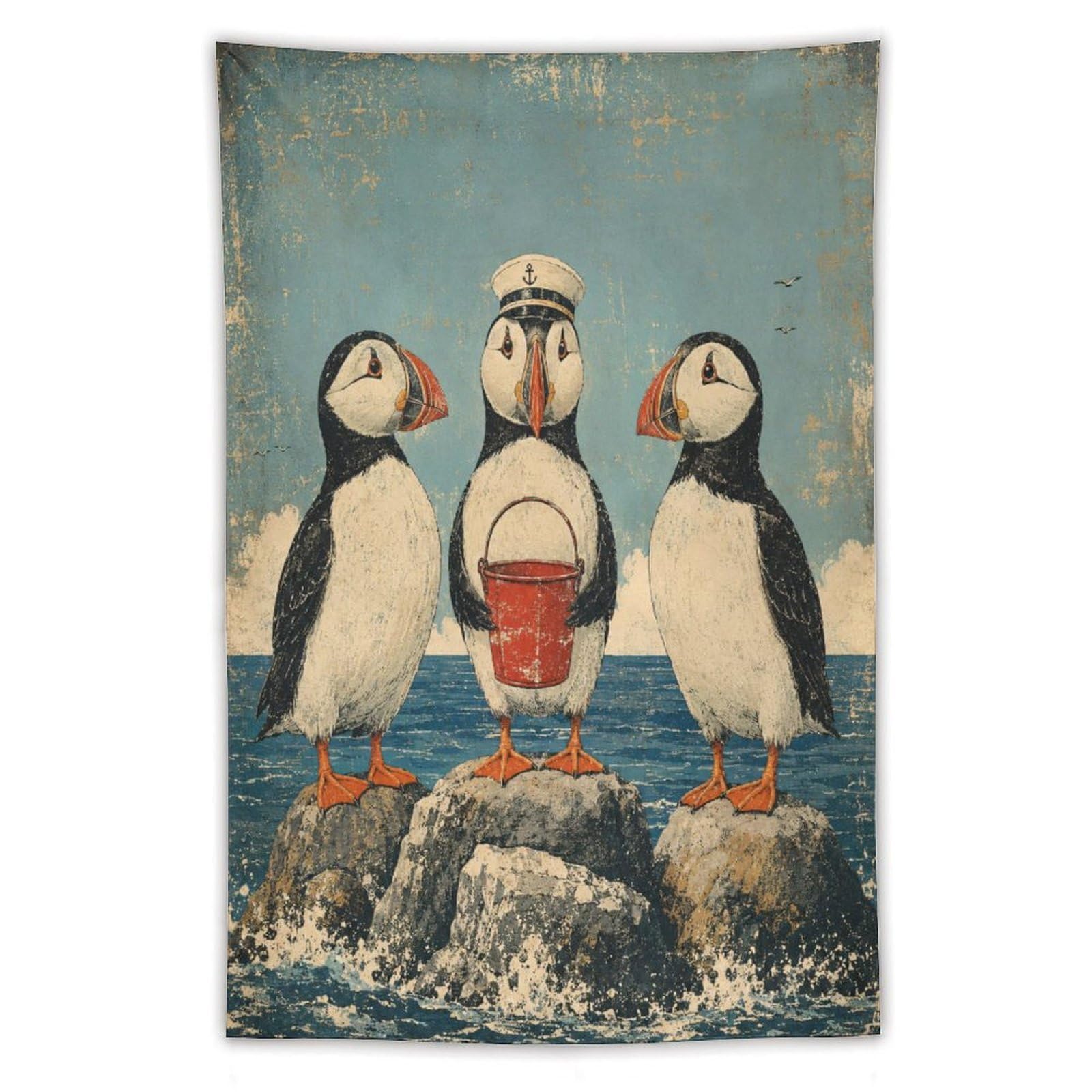 W7C8U2X3 Puffin Trio with Bucket Wall Tapestry, Folk Art, Coastal Birds