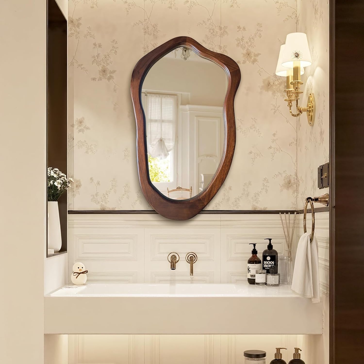 Irregular Wall Mirror 40"x24", Walnut Asymmetrical Mirror, Wood Bathroom Mirrors Wall Mounted, Wall Mirrors Decorative for Living Room, Bedroom, Bathroom, Hallway, Entryway