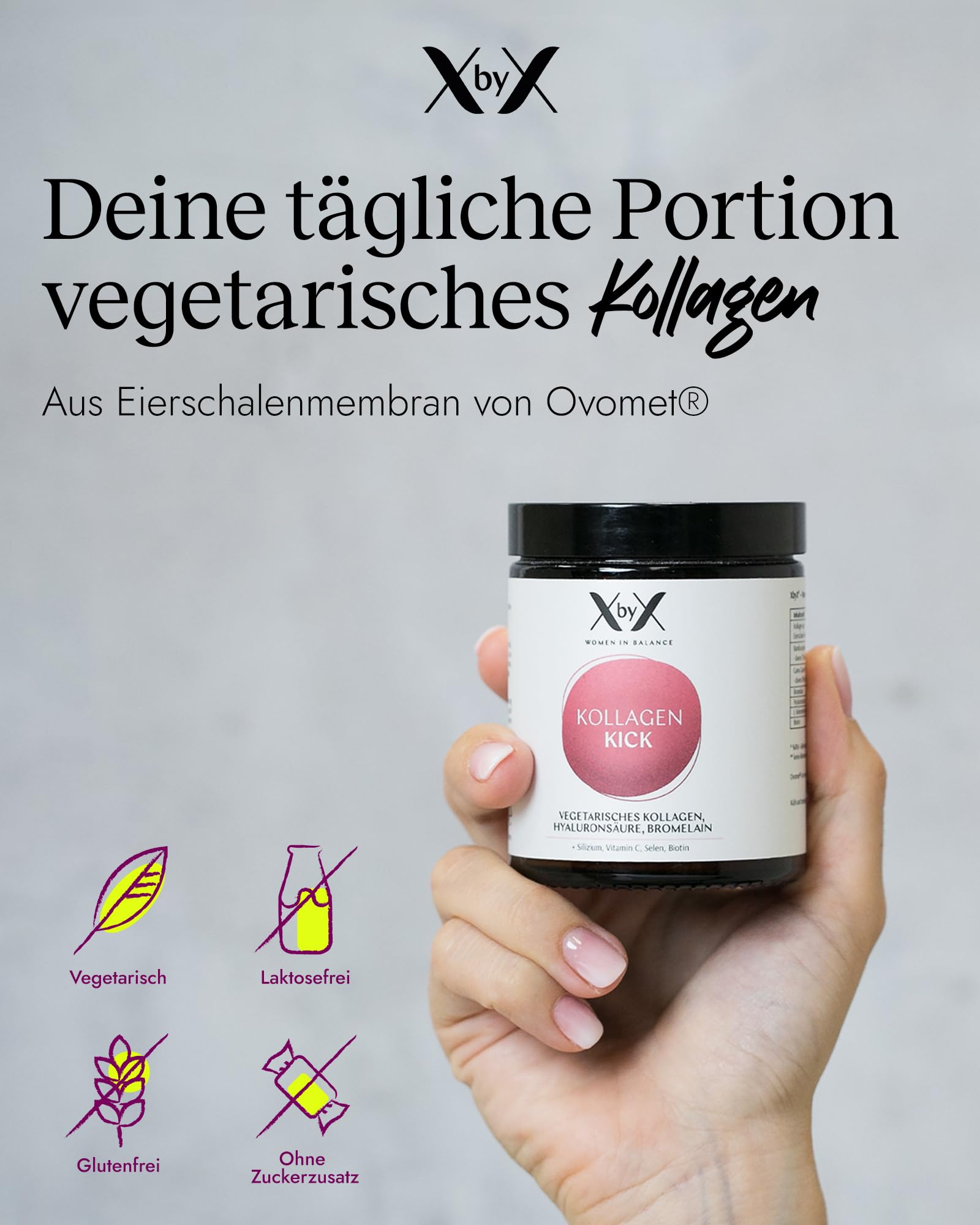 XbyX Kollagen Kick 90 g | 45 Portionen | Vegetarisches Premium Kollagen Pulver | Typ 1, 5 und 10 Kollagen | Aus Deutschland