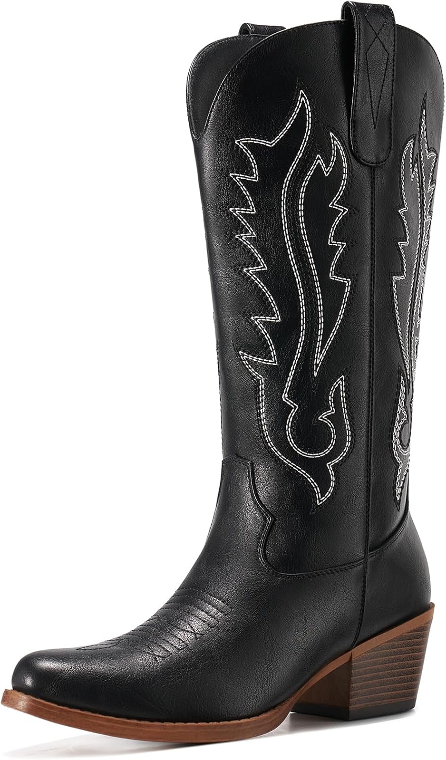 Rollda Cowboy Boots for Women, Cowgirl Boots Mid Calf, Ladies Western Boots with Half Side Zipper Snip Toe Chunky Heel Pull On