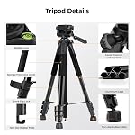 K&F Concept Tripode, 68" Tripod pour appareil photo DSLR,Canon, Nikon Trépied compact de téléphone de voyage avec amovible 3-Way Pan Head,Trépied léger avec télécommande et support de téléphone pour Vlog,Capacité de charge 8.82lbs