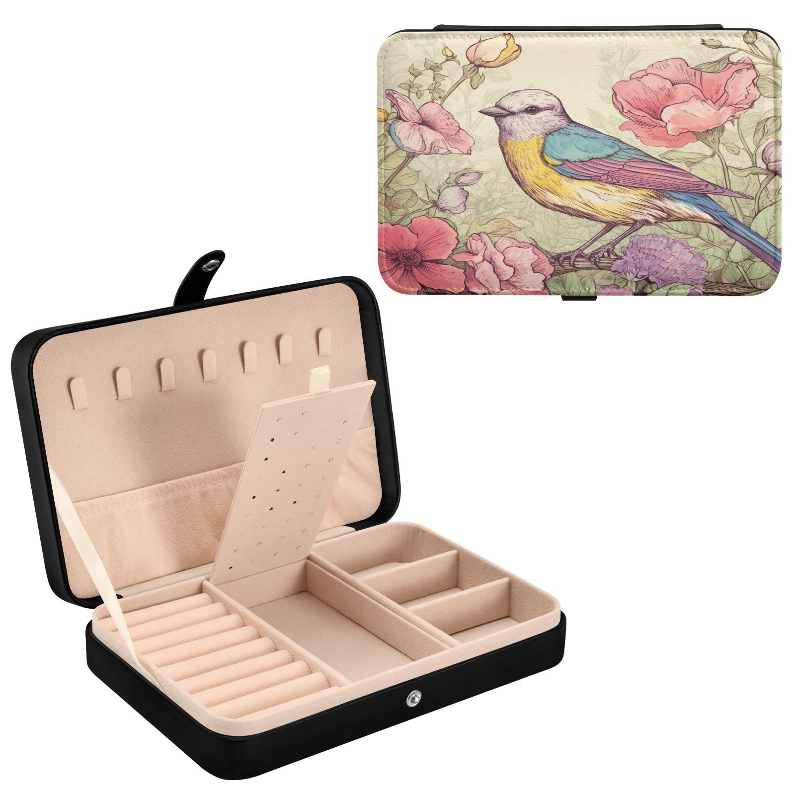 Haskirky Vintage Bird Jewelry Box Portable PU Leather Travel Jewelry Organize for Women Jewelry Storage Display Holder for Ring, Necklace, Earring
