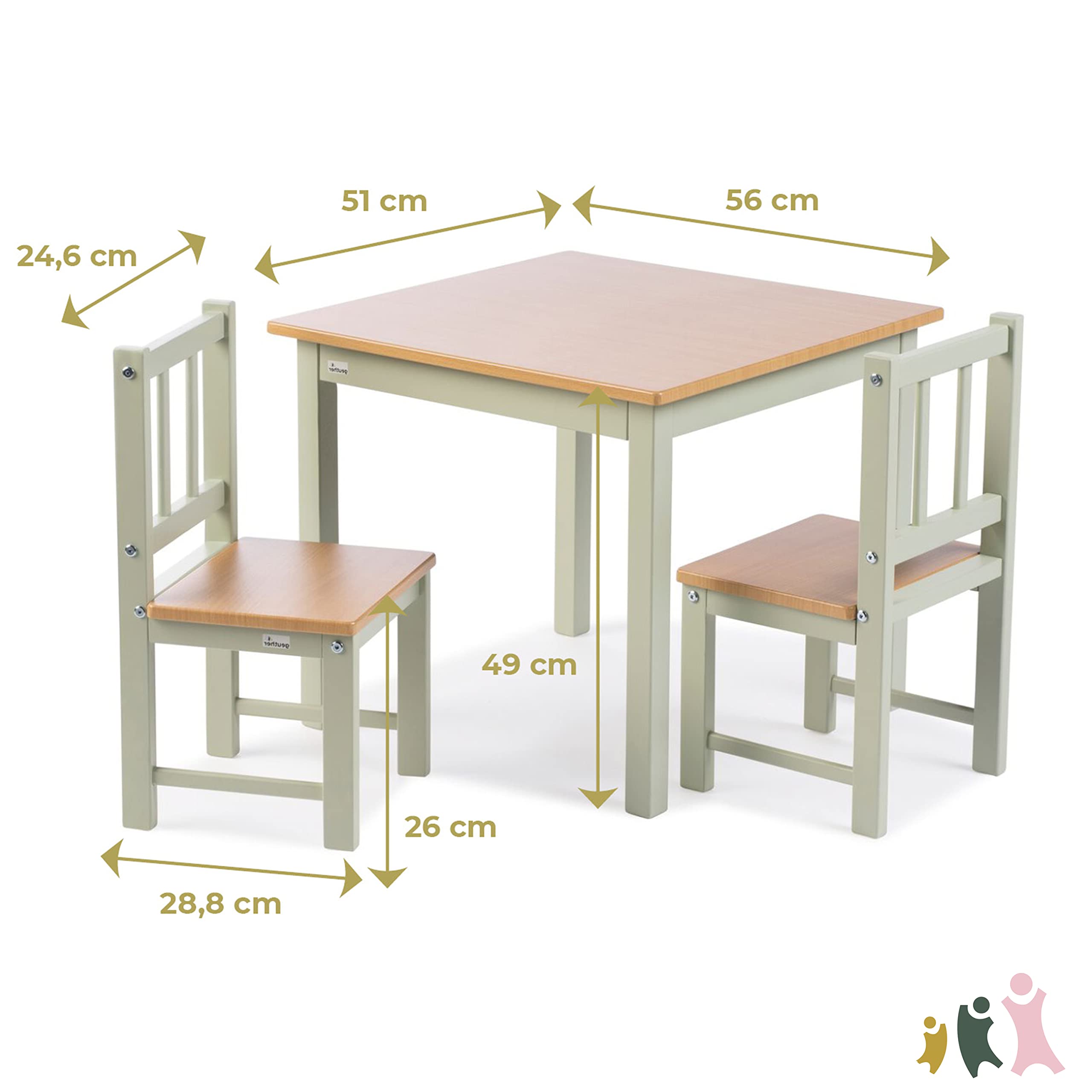 Geuther Kindersitzgruppe ACTIVITY I Kindertisch mit 2 Stühlen aus Holz I Spieltisch ab 1 Jahr | Kinder Tisch Stuhl Set für Kinderzimmer I Basteltisch & Maltisch für Kinder I Robuste Kinderzimmer Möbel