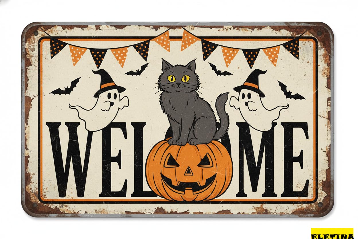 Halloween Pumpkin Cat Ghost Tin Sign, 8x12 Inch Wall Art