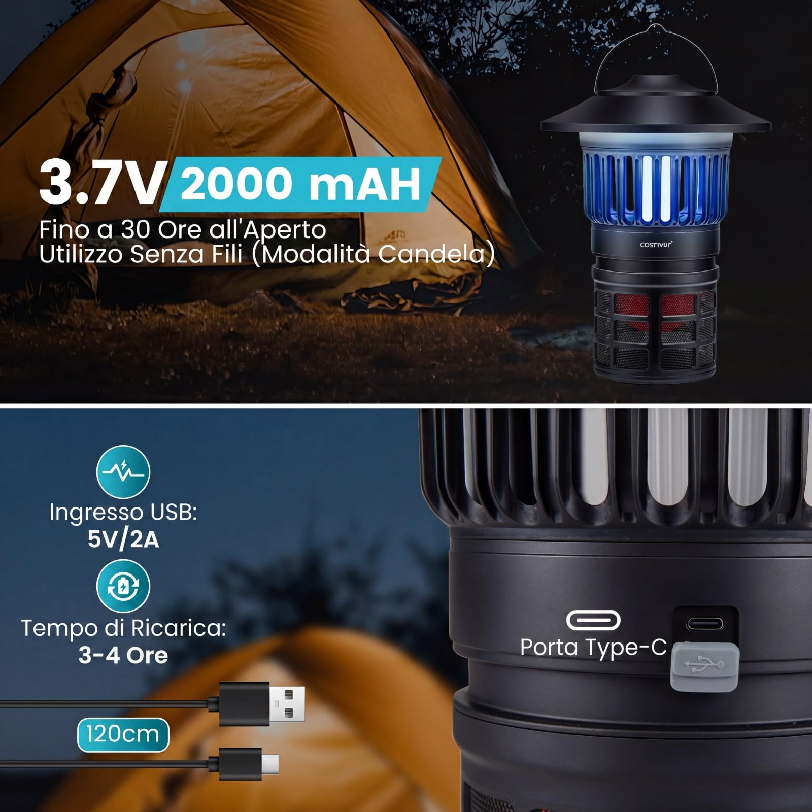 COSTWAY Lampada Antizanzare Elettrica, 2 in 1 Lampada Zanzare Esterno Impermeabile con Luci Regolabili, Batteria Ricaricabile e Maniglia, Trappola per Zanzare per Campeggio e Picnic